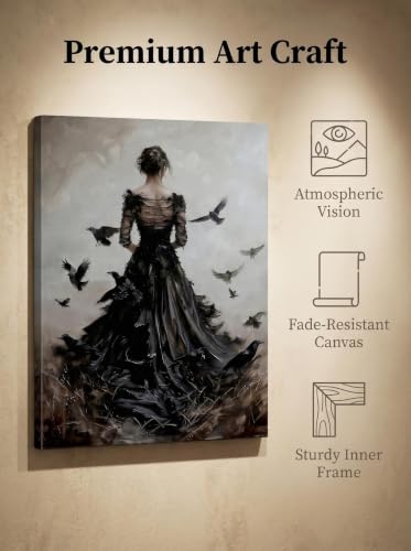 Dark Gothic Woman Canvas Wall Art with Crow Birds - Vintage Moody Poster for Living Room Bedroom Bar 16x24 Style-A