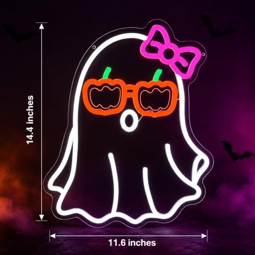 Ghost Pumpkin Glasses Neon Sign LED Light Halloween Wall Decor - Pink Bow Variation