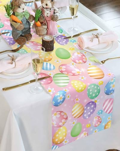 Easter Colorful Egg Table Runner 13x72 Inches Spring Flowers Cotton Linen Decor — Variation of Easter Eggjim5339