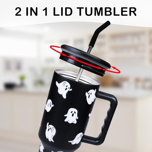 Black Ghost 40 oz Insulated Halloween Tumbler with Handle & Straw - Ghost Travel Mug