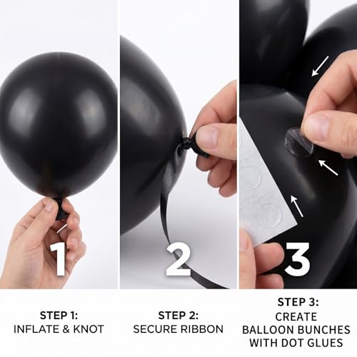 Black Latex Balloon Set - 55 Pack 12 Inch Matte Balloons with Ribbon & Dots - Variation: Black