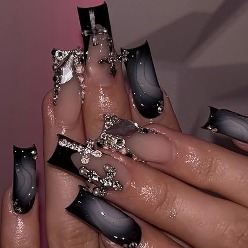 MISUD Long Square Press on Nails with Goth Black French Tip Cross Design - 24 Pcs, Variation 099A01Black