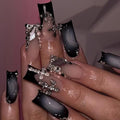 MISUD Long Square Press on Nails with Goth Black French Tip Cross Design - 24 Pcs, Variation 099A01Black