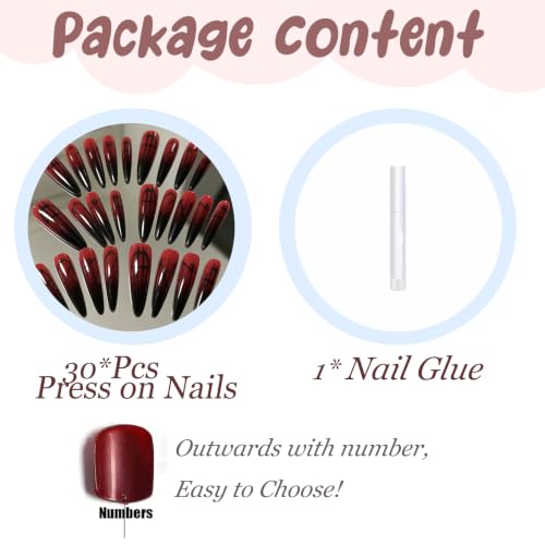 BABALAL Extra Long Stiletto Fake Nails - Vampire Blood Red & Black Gradient Gothic Halloween 30Pcs - Variation BNDa01-06