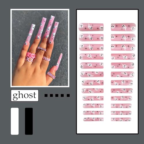 Halloween Ghost Fake Nails - Extra Long Press-On Nails with White Ghost Design
