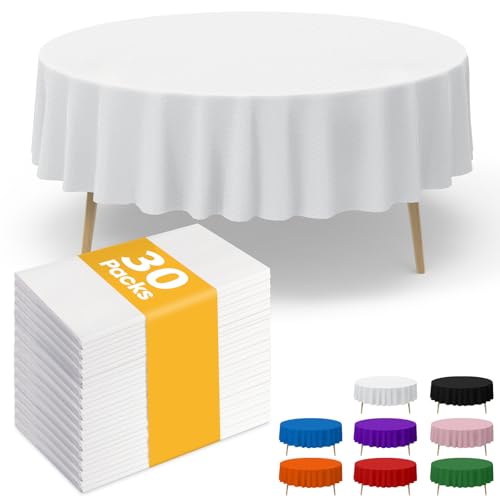 White Plastic Tablecloth - 84 Inch Round, 30 Pack Disposable Cover for Parties