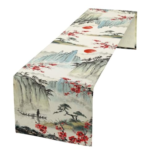Japanese Ink Painting Cherry Blossom Table Runner - Rustic Asian Garden Decor 13x36 Variation of THIS listing