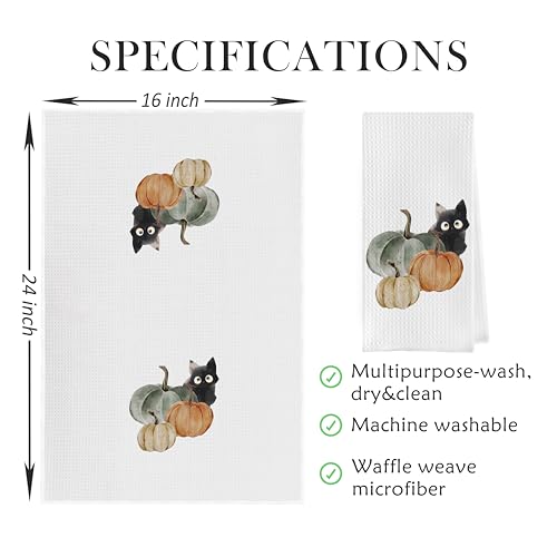 Gequtt Fall Pumpkin Dish Towels Set - Waffle Weave Kitchen Towels, Black Cat Gifts, Fall Decor - Fall-2