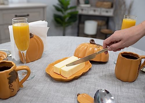 Pumpkin Shaped Ceramic Butter Dish with Lid - Fall & Thanksgiving Decor - Orange - 8x6 Inches