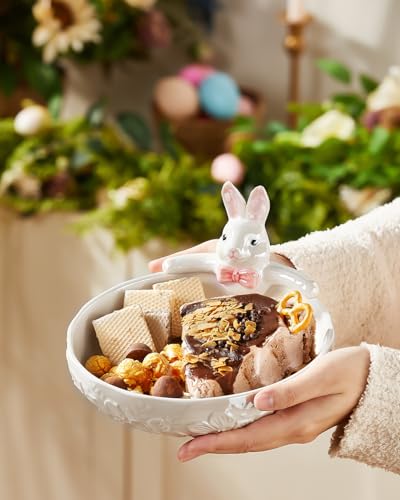 White 8-Inch Easter Bunny Candy Bowl - Shallow Ceramic Dish, 28 Oz