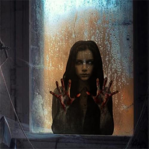 Halloween Window Clings Decor - Scary Female Ghost Static Stickers for Glass Doors & Windows