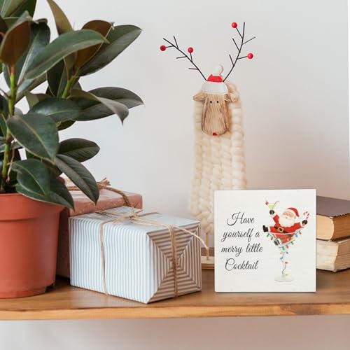 Christmas Santa Cocktail Wooden Sign - Funny Xmas Bar Decor - 5x5 Inch Santa Claus Wood Block - Holiday Desk Wall Decoration - Santa Cocktail Variation