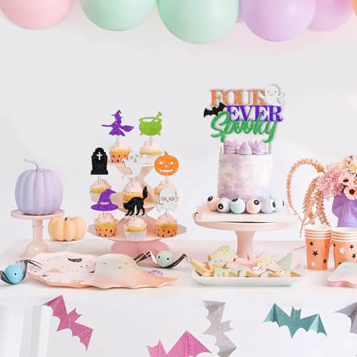 Halloween 4th Birthday Party Decoration Set - Purple Green Four Ever Spooky Backdrop Banner Cake Toppers