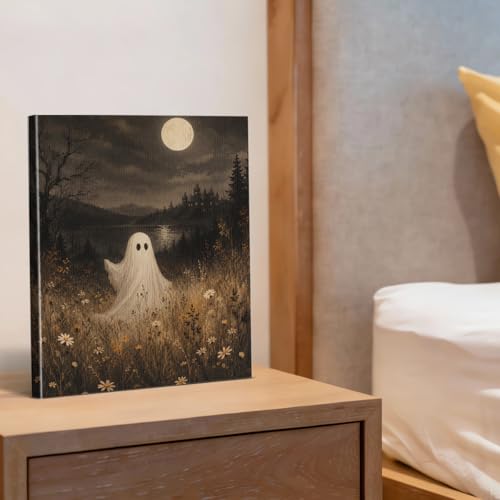 Halloween Ghost Wall Art Canvas - Foggy Meadow Scene, 8x10 Inches