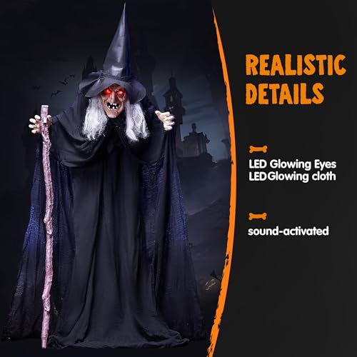 Halloween Animatronic Witch Prop - Life Size 6Ft Black Outdoor Decor with Creepy Sound & Light Eyes