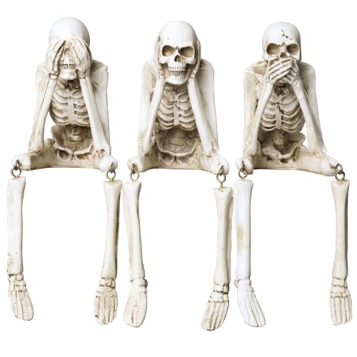 Halloween Skeleton Decor 3-Piece Resin Skeleton Figurines Set - See No Evil, Hear No Evil, Speak No Evil Variation