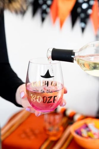 Halloween Stemless Wine Glass - Witch Way to the Booze, 15 oz - Spooky Fall Drinkware