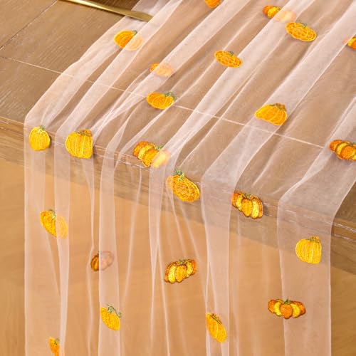 Pumpkin Embroidered Fall Table Runner 120 Inch - Set of 1, Tulle Decor