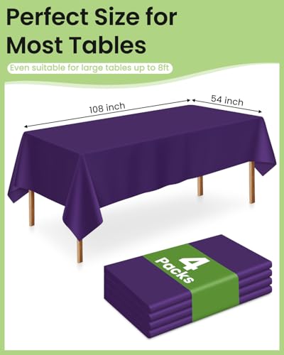 Disposable Plastic Tablecloth - Purple, 54 x 108 Inches, 4 Pack, Fits 6ft Tables
