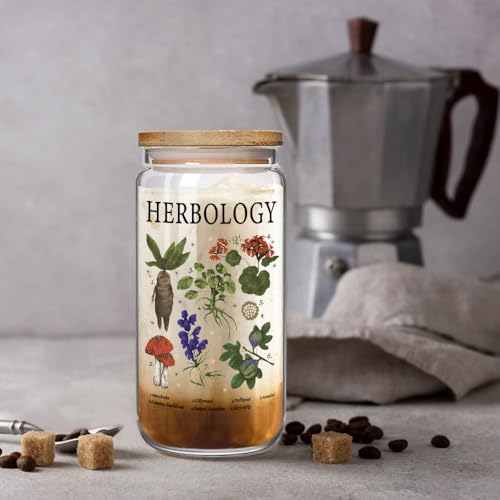 Herbology Witch Glass Cup - 16oz Magical Plant Themed Coffee Mug with Lid & Straw