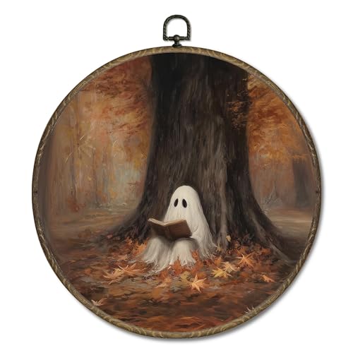 Ghost Fall Round Wall Art Decor - Halloween Bookish Rustic Autumn 10x10in - Variation 4