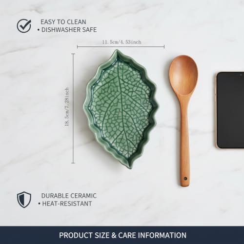 Green Leaf Ceramic Spoon Rest with Ice Crackle Pattern - Kitchen Counter Decor, 1 Piece