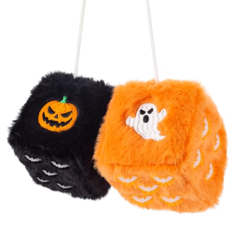 Halloween Fuzzy Dice for Car Rear View Mirror - Plush Black and Orange Decor