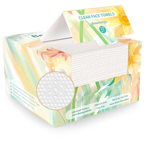 Disposable Face Towels - Soft, Thick, Lint-Free Biodegradable Makeup Remover Wipes, 25 Count