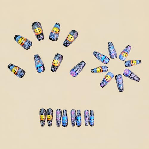 Halloween Fake Nails Set - Coffin Shape Full Cover Press On Nails with Pumpkin Skull Design - Medium Length - Variation 2