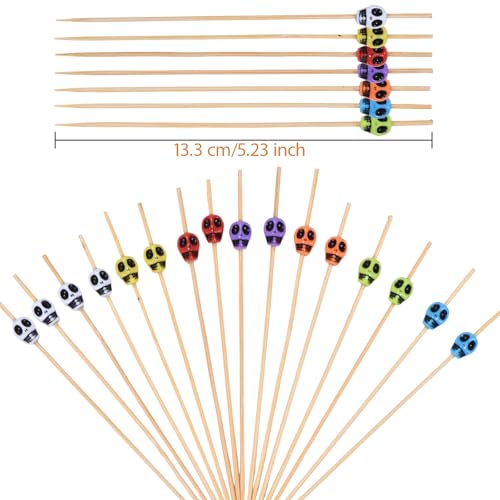 Skull Cocktail Picks - Halloween Toothpicks for Appetizers, Multicolor, 12cm, 100 Pack