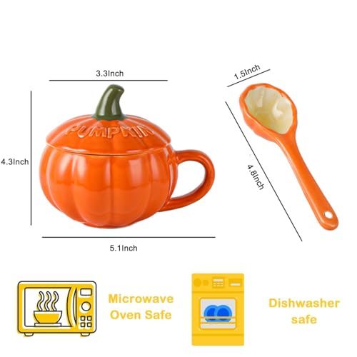 Halloween Pumpkin Coffee Mug with Lid and Spoon - Orange Ceramic Tea Cup - Fall Autumn Soup Bowl & Gift