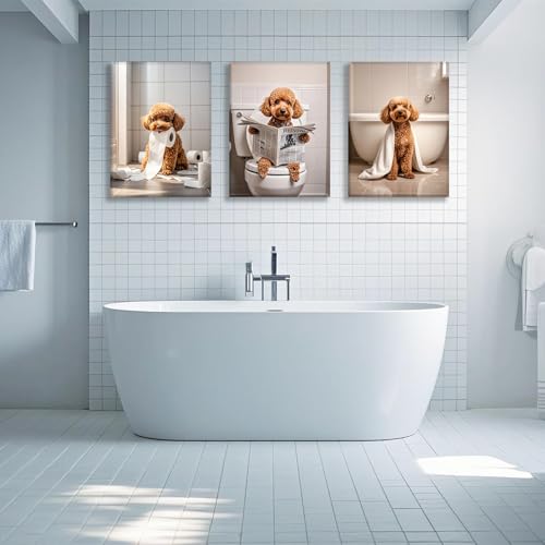 Framed 12x16 Inch Canvas Wall Art Set - Funny Bathroom Dog Decor - 3 Pack