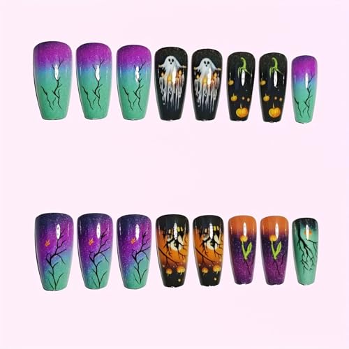 Halloween Press On Nails Medium Coffin Ghost Pumpkin Designs 24 Pcs with Glue & Tools - Variation 257-14 Designs-25