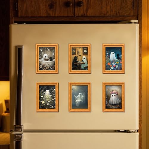 Halloween Refrigerator Magnets - Vintage Wooden Ghost & Cat Design - Style 1 - 6 Pcs