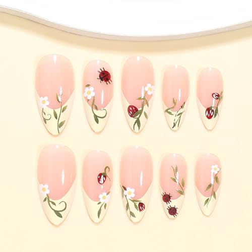 French Tip Press-On Nails Set - Daisy Ladybug Strawberry Floral Almond Style, 24Pcs