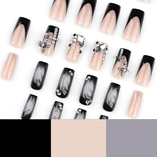 MISUD Long Square Press on Nails with Goth Black French Tip Cross Design - 24 Pcs, Variation 099A01Black