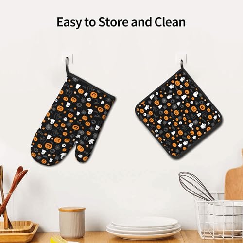 Halloween Oven Mitts & Pot Holders Set - Black Ghost Pumpkin Variation