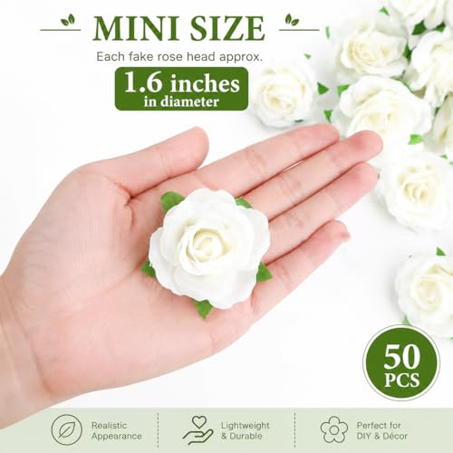 Artificial Ivory White Rose Flowers - 50 Pack, 1.6 Inch Silk Buds, Stemless