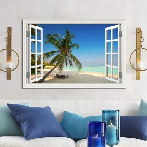 Large Tropical Beach Wall Art - 32x48 Inch Ocean Canvas Picture with Fake Window Frame Style, Coastal Seascape for Living Room & Bedroom - Blue Ocean Scene