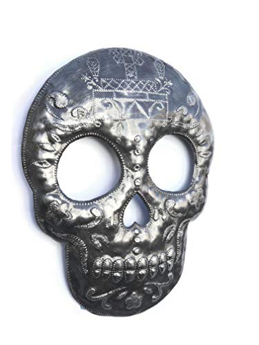 Haitian Handmade Metal Wall Sculpture Veve Skull Halloween Decor - 7.6x9.75 Inches