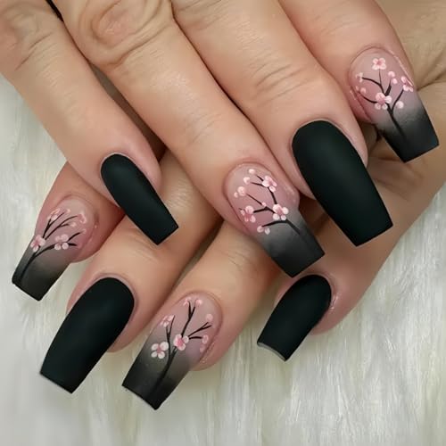 CEWEWP Fall Pink Black Gradient Square Coffin Press-On Nails A1 - 24PCS False Nails for Women