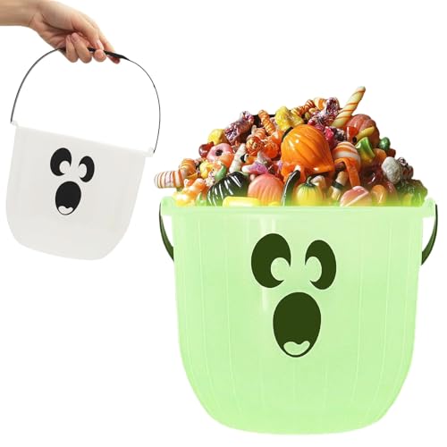 Glow in the Dark Halloween Candy Bucket with Handle, Ghost Face Pumpkin Basket, 7.8 Inches