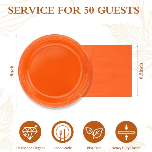 Orange Plastic Party Plates 100 Pack for Halloween & Fall Celebrations - 9 Inch & Napkins Included