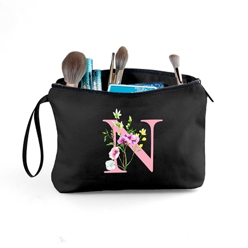 Personalized Makeup Bag with Mirror - Black, Women's Gift, 9 Inch