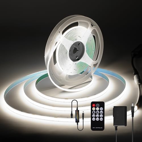 ZSLAIFU 16.4ft COB LED Strip Light - Dimmable White Tape with Remote for Bedroom, Kitchen, Mirror - Variation: 16.4FT-Remote White