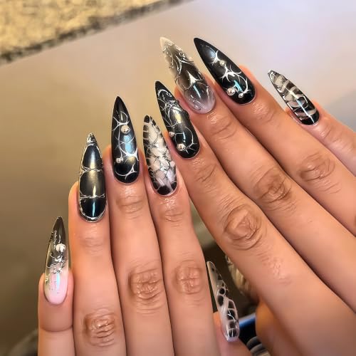 Halloween Long Stiletto Press-On Nails - Black Goth Fake Nail Set 24pcs - Multicolor-007211