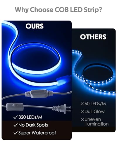 Blue COB LED Strip Lights 5M Waterproof Outdoor Rope Lights with Switch
