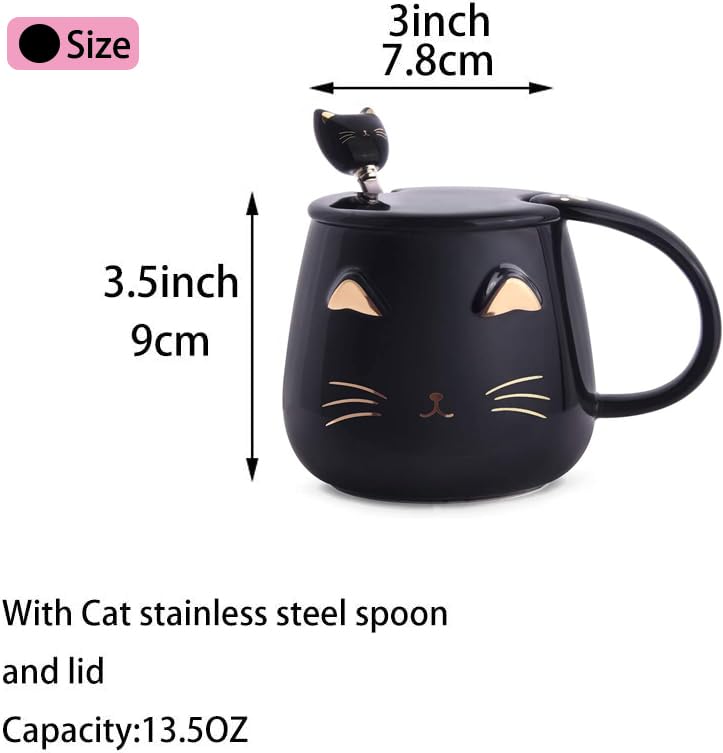 Black Ceramic Cat Mug with Stainless Steel Spoon - Cute Handmade Tea Cup for Girls Women