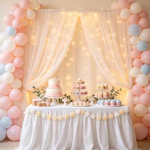 Ivory Tulle Backdrop Curtain with String Lights 10ft x 10ft Wedding & Party Decor — Chesjin
