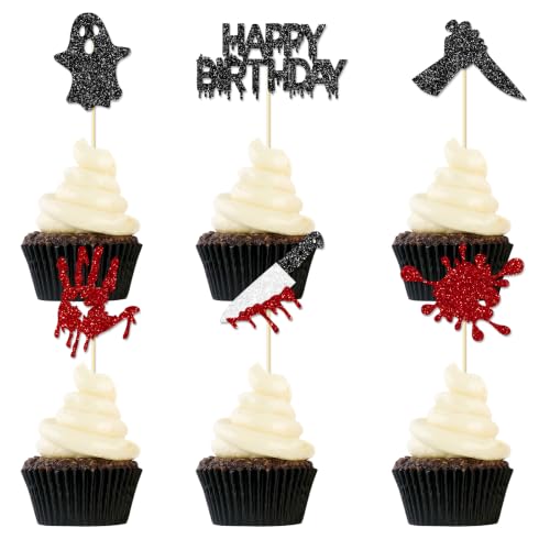 Red Blood Drip Killer Birthday Cupcake Toppers - 24 Glitter Halloween Cake Decorations